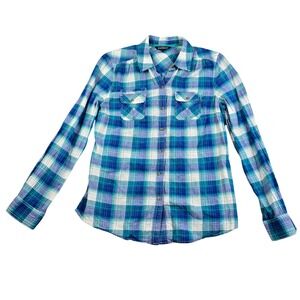 Express Plaid Button Down Shirt Women Medium Blue Metallic Western Cottage Work